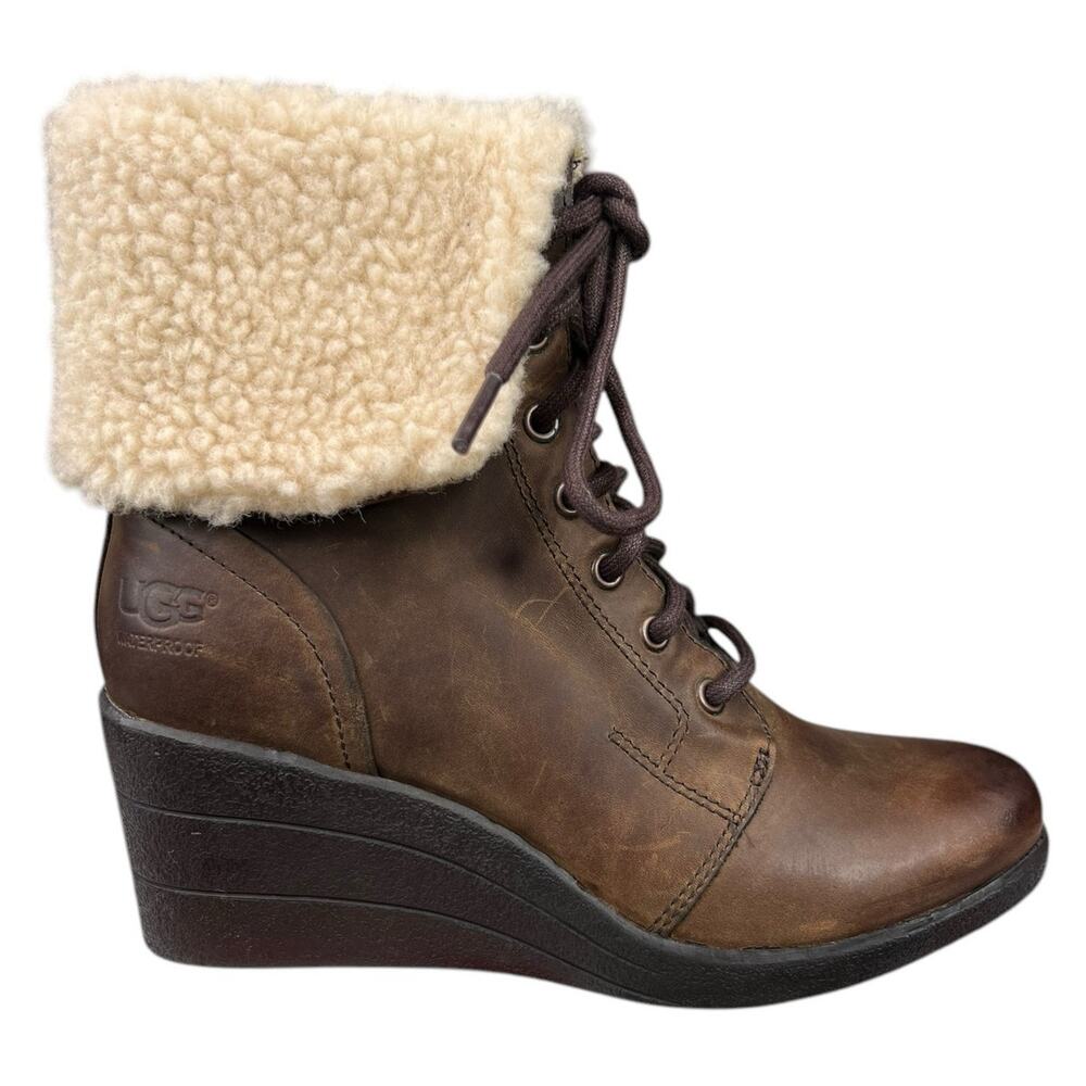 UGG Women’s Zea Brown Leather Cuffed Wedge Winter Boot Size US 6